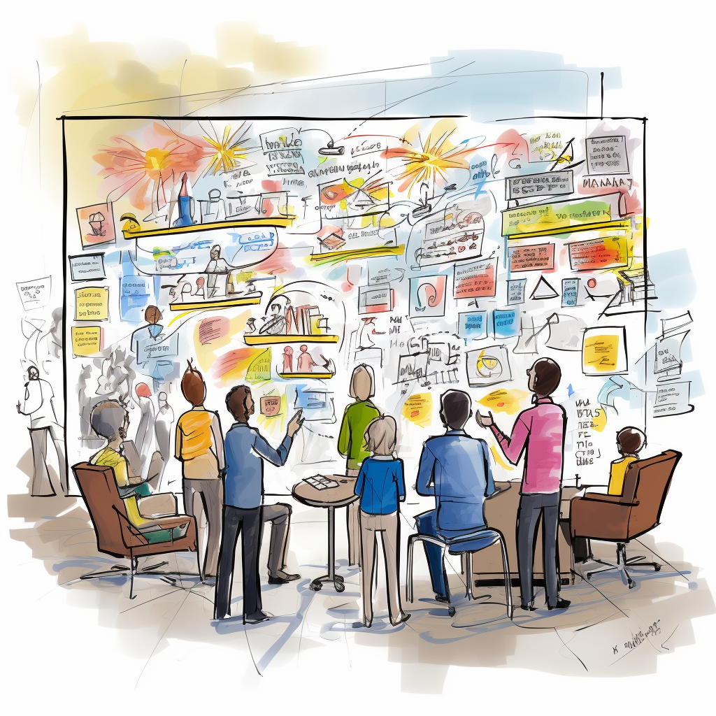 Atelier collaboratif devant un mur de travail visuel