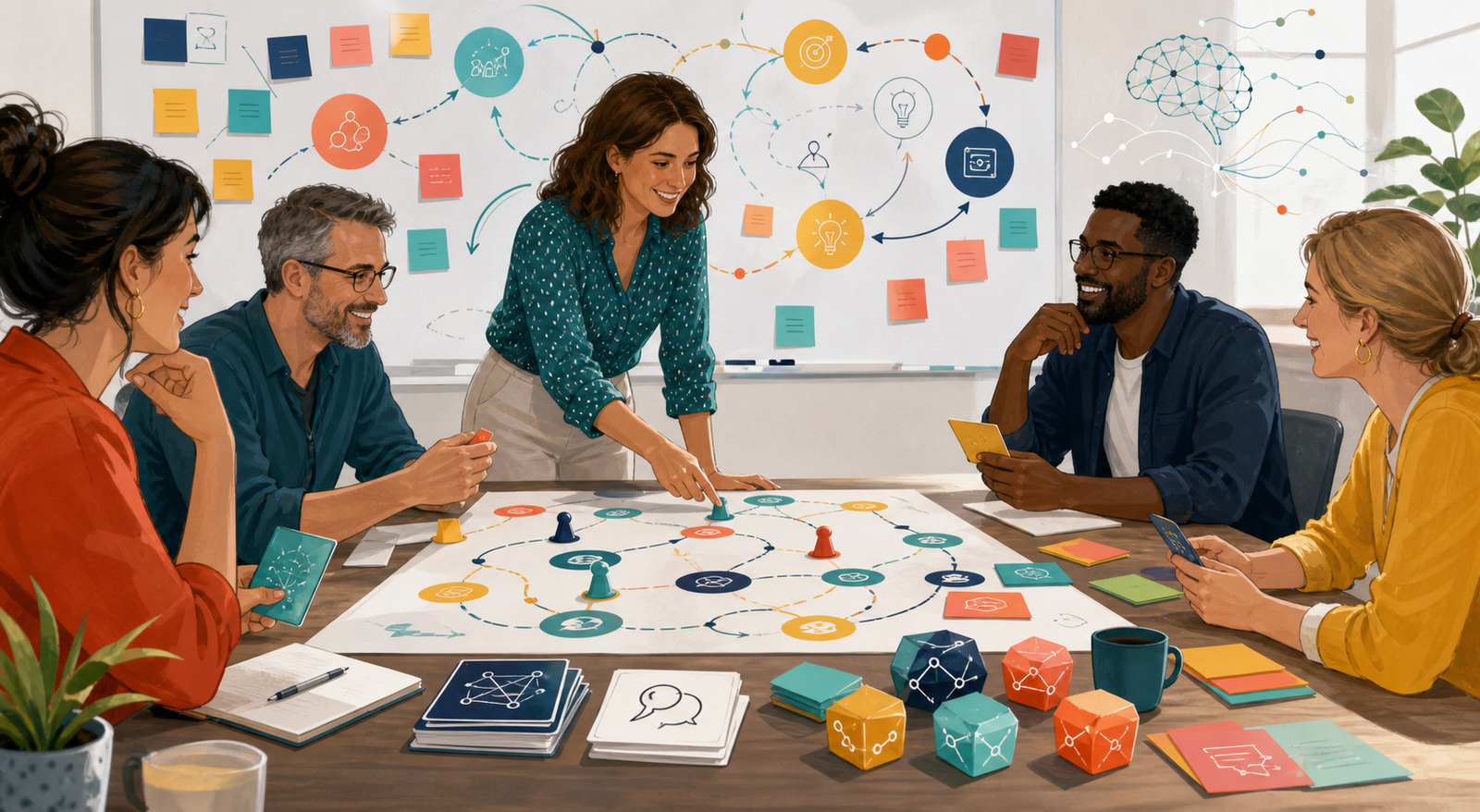 Atelier adulte de ludo-pédagogie avec cartes, plateau collaboratif et symboles d'IA